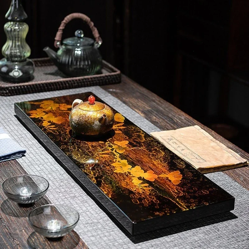 lacquer tea set, large lacquer hand-painted ginkgo dried brewing table, ebony high-end tea table tea tray gift box