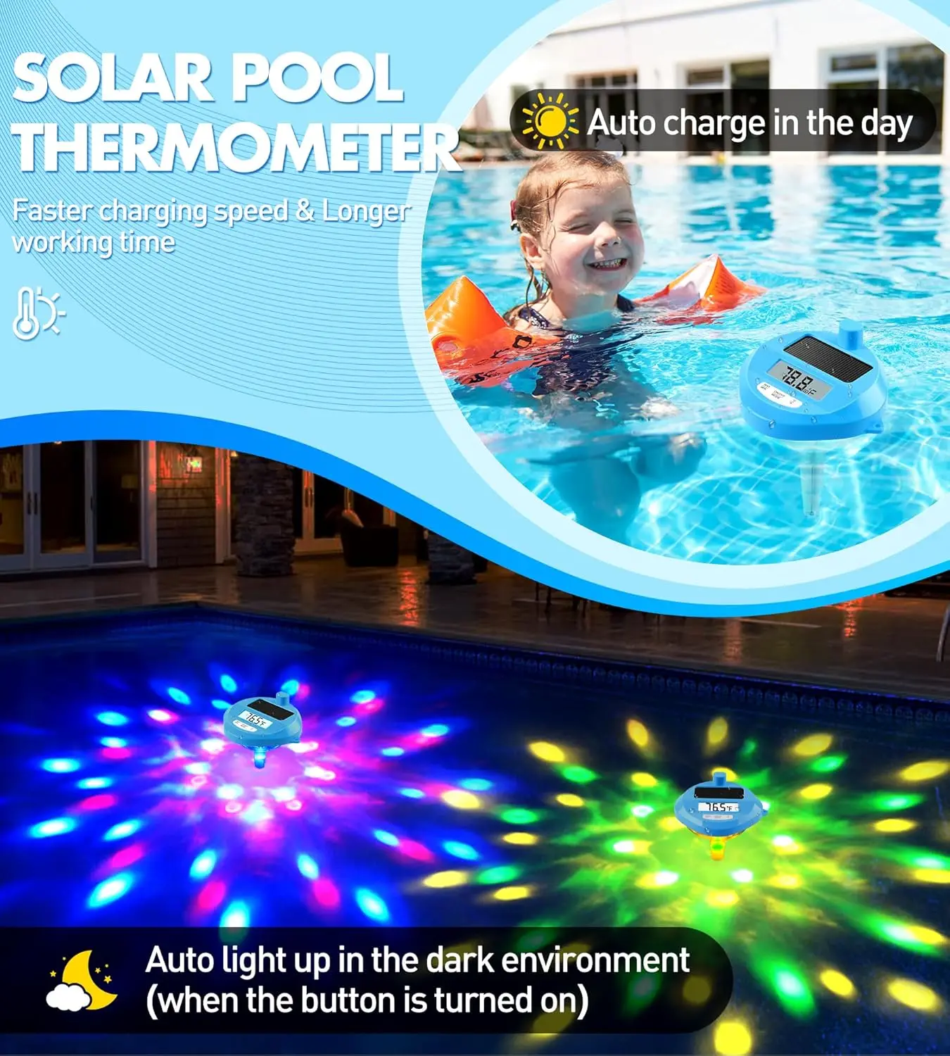Wireless Solar Pool Thermometer with Light Show & Backlit Display for Night Reading