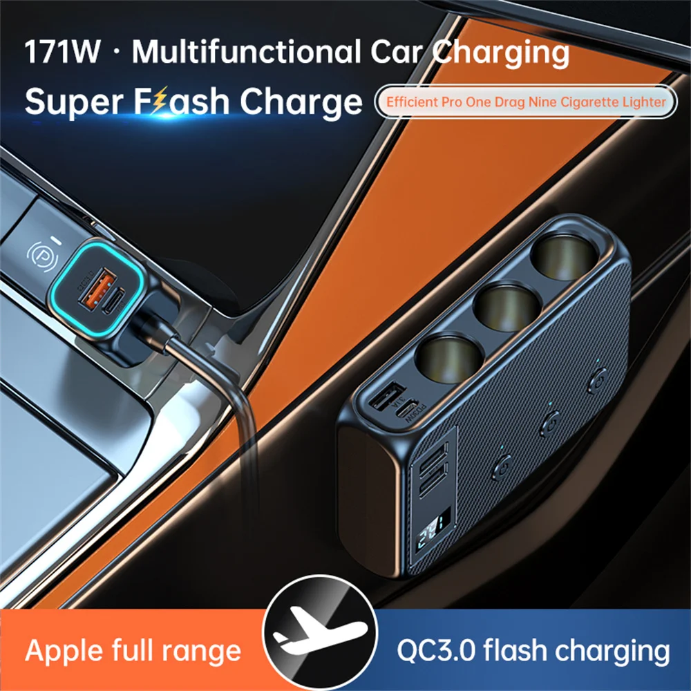 Car USB Charger 9 in 1 171W Fast Charging Phone Charger Cigarette Lighter Adapter with PD 30W/QC 3.0 6-USB Ports Charge