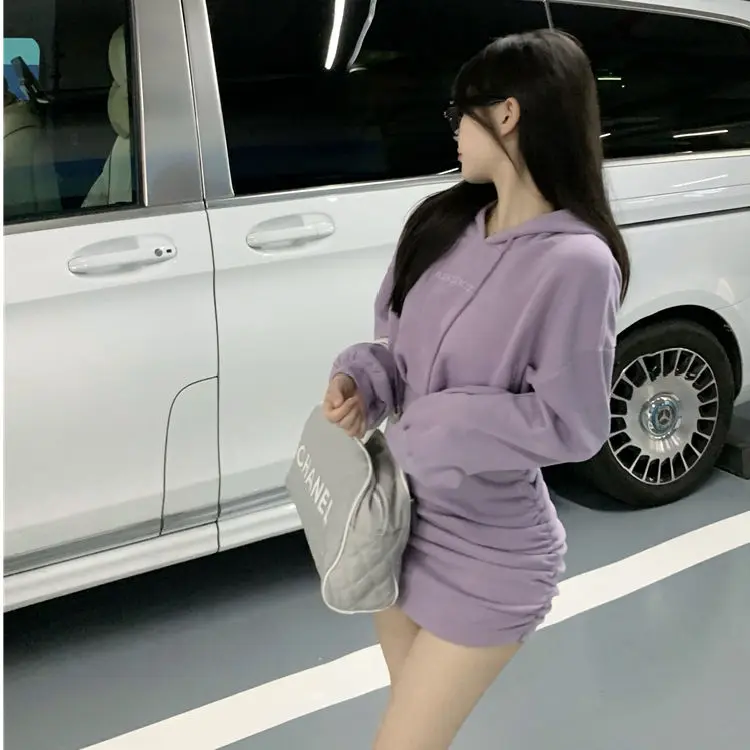 Hooded Sweater Wrap Hip Dress Women's Autumn 2023 New Short Dress Purple Waist Long Sleeve Y2K Skirt