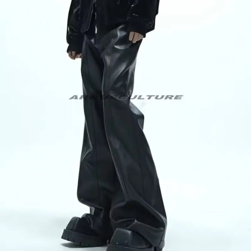Retro Old Washed Split Design Sense Niche Leather Pants Fashionable Versatile Loose Straight Casual Pants Men