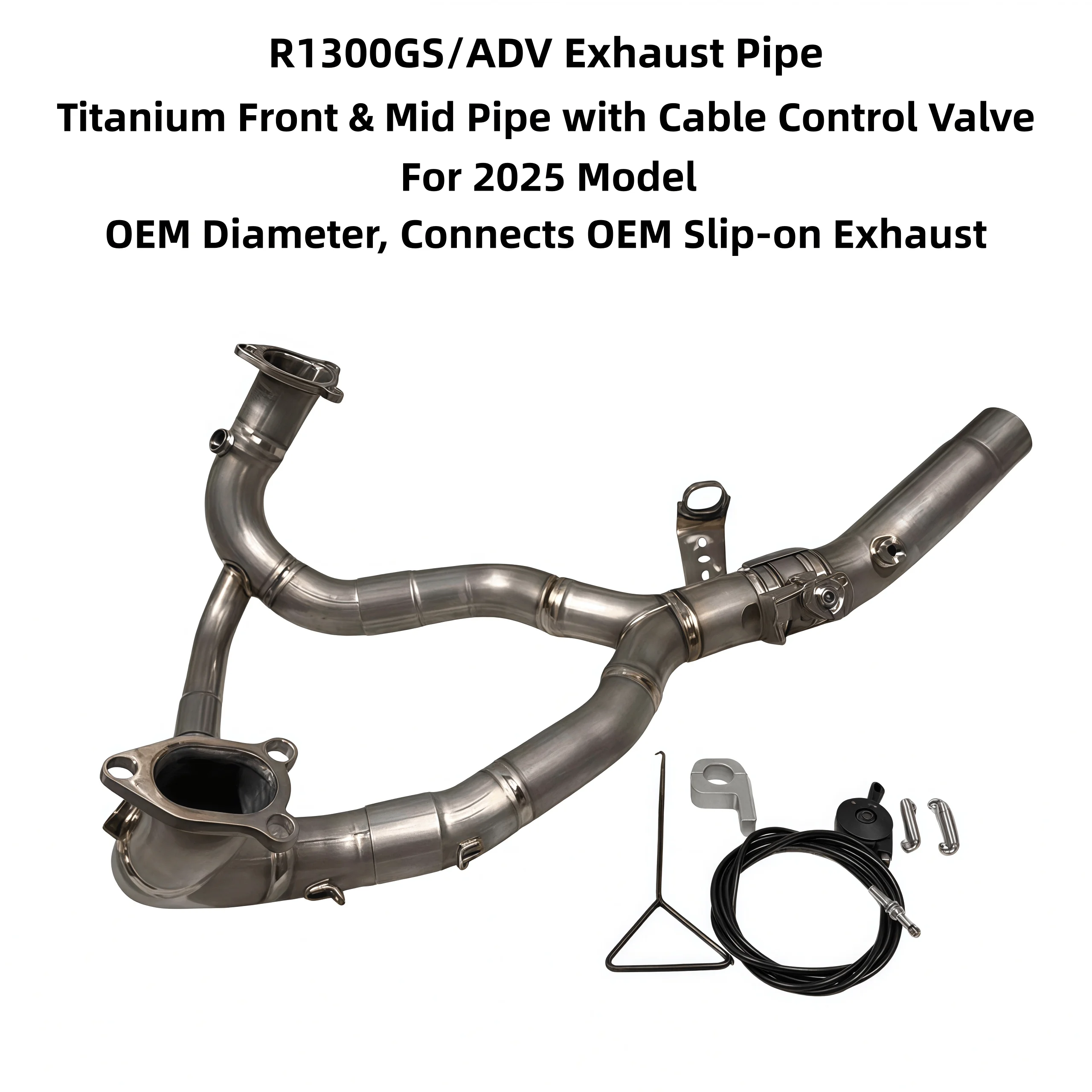 Motorcycle Exhaust System For 2025 R1300GS/ADV,Titanium Front & Mid Pipe With Cable Operated Valve, Connects OEM Slip-on Exhaust