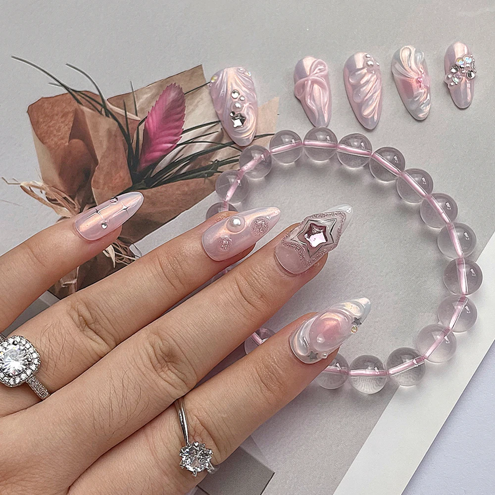 Light Pink Almond Handmade Press On Nails 3D Bow Diamond Pentagram Full Cover Fake Nail Ring Crystal Bracelet Manicure Set