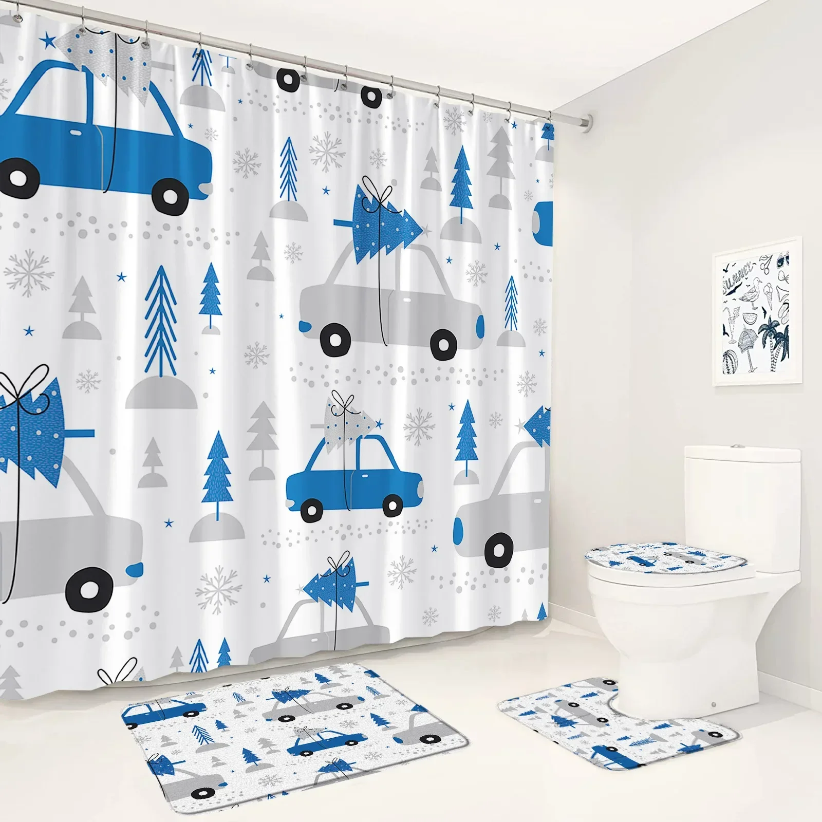 Christmas Shower Curtains Set Cartoon Red Car Xmas Tree Snowflake New Year Bathroom Decor Non-slip Rug Bath Mat Toilet Lid Cover