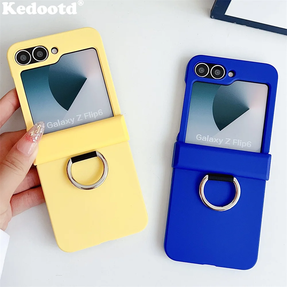 Colorful Matte With Grip Ring Case For Samsung Galaxy Z Flip 6 5 4 3 ZFlip6 ZFlip5 Finger Buckle Solid Color Shockproof Cover