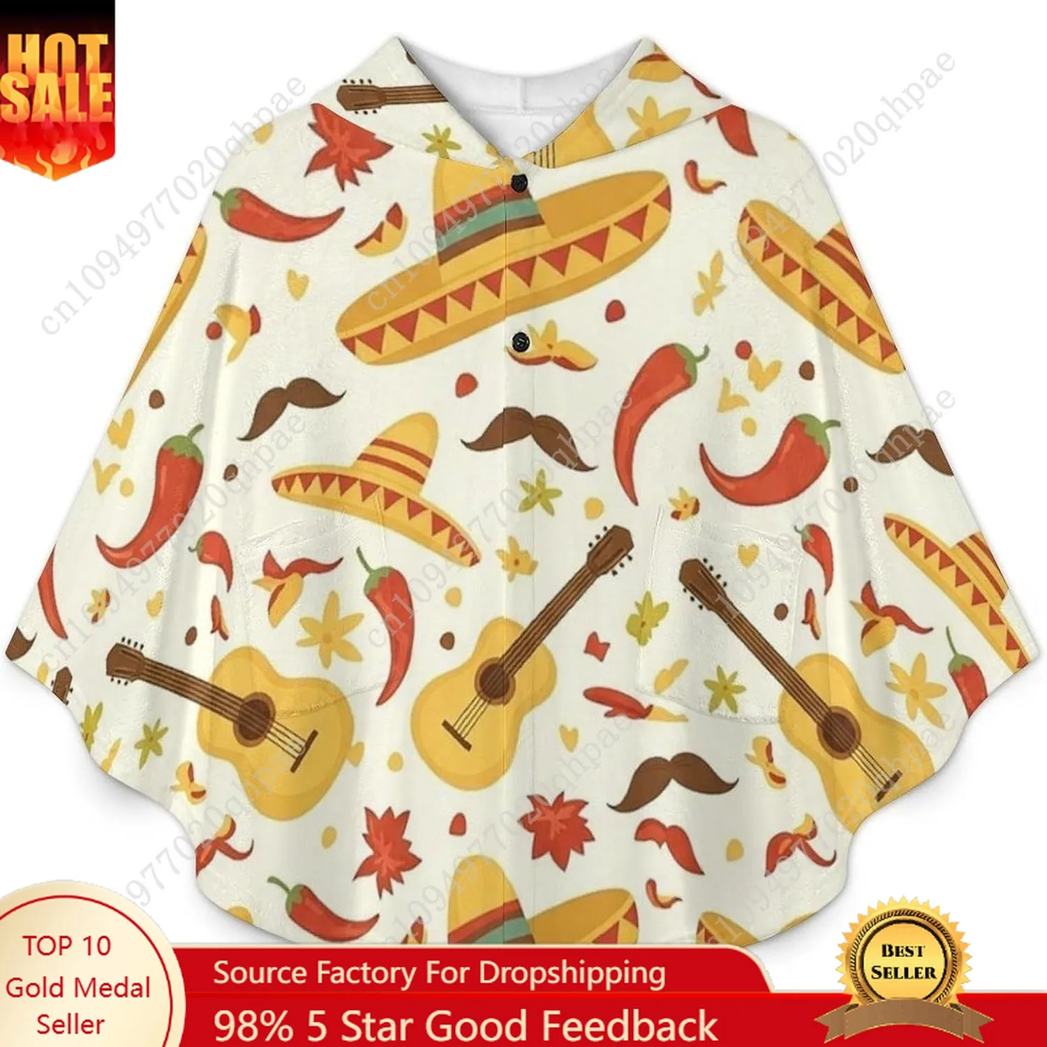 سترة بطانية مريحة من الفلانيل، سترة بغطاء للرأس كبيرة الحجم على شكل جيتار مكسيكي مع جيوب للأطفال والمراهقين #1