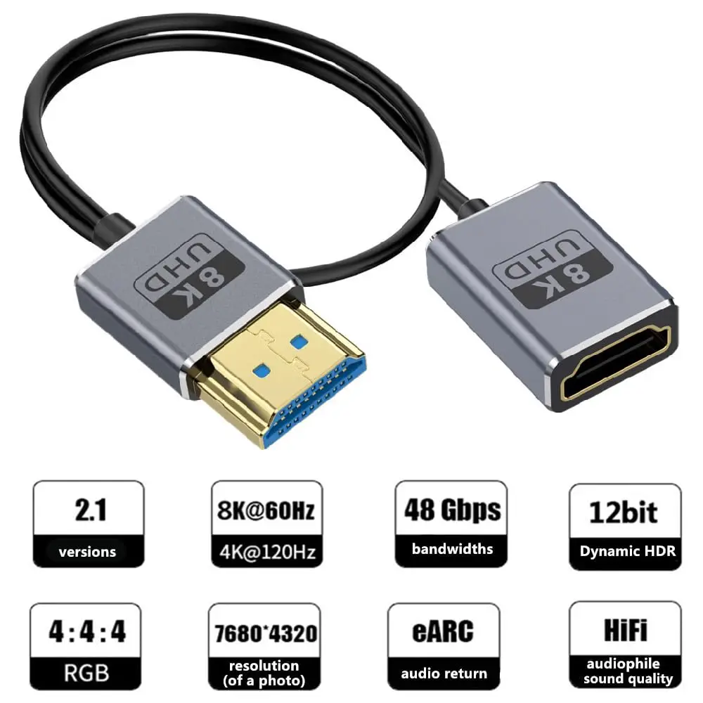 كابل تمديد HDMI بزاوية قائمة 8K بطول 1 قدم، كابل HDMI M إلى F رفيع للغاية بزاوية 90 درجة (4 جيجابت في الثانية، 8 كيلو @ 60 هرتز، 4 كيلو @ 240 هرتز) يدعم H الديناميكي #3