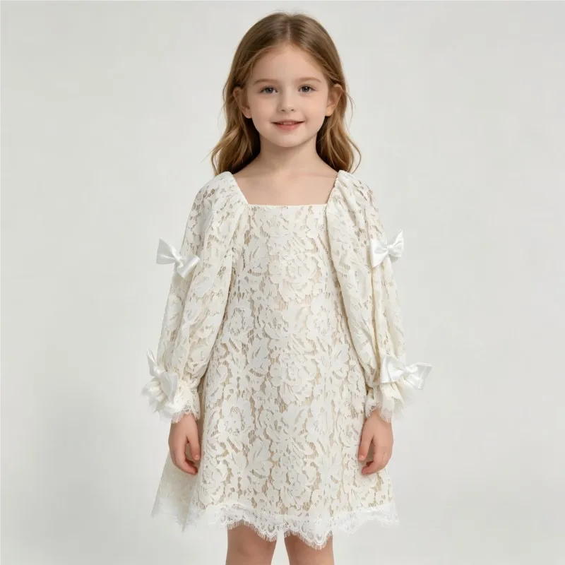 

Baby Girl Princess Bow Sleeve Lace Dress Toddler Child Vintage Long Sleeve Vestido Party Wedding Birthday Baby Clothes 1-12Y