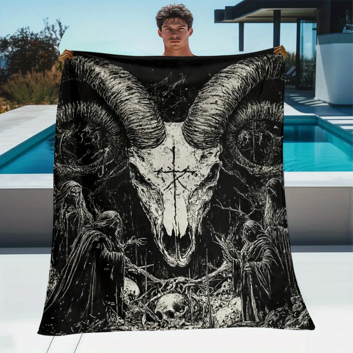 Dark Style Monochrome Horned Bone Sketch Art Print Flannel Blanket Warm Throw For Bedroom Gothic Decor Style Holiday Gift Ideas
