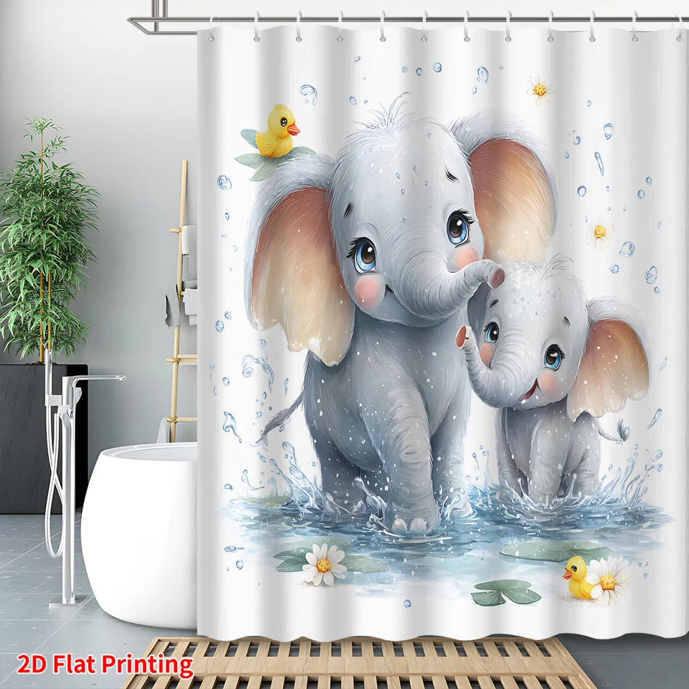 

Cartoon Elephant Shower Curtain Playing in Water Splash Print Waterproof Polyester Bathroom Decor Bath Curtain Set With Hooks