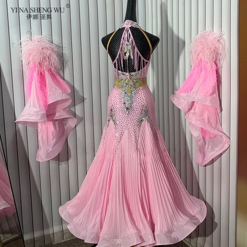 모던 댄스 공연 의상 여성 맞춤형 시니어 AB 스톤 피쉬테일 드레스+고급 깃털 소매 볼룸 댄스 드레스