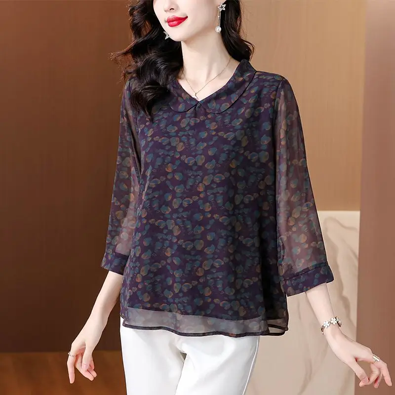 Casual Peter Pan Collar Shirt Spring Summer New 3/4 Sleeve Women\'s Clothing Vintage Stylish Printed Commute Loose Spliced Blouse