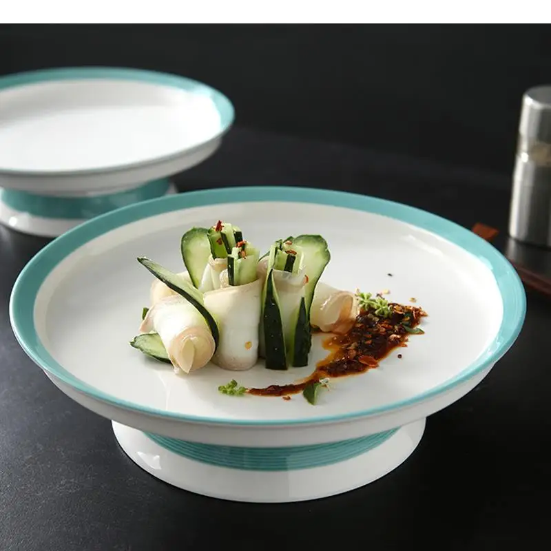 Round Ceramic Dinner Plate Simple Fruit Tray Cooking Dish High Feet Vegetable Hotel Tableware Snack Desserts