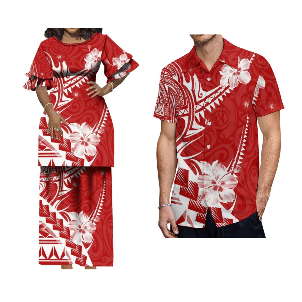 2024 New Puletasi Polynesian Couple Set For Women Puletasi Tribal Line Set Skirt Loose Top And Skirt Hawaiian Men'S Shirt