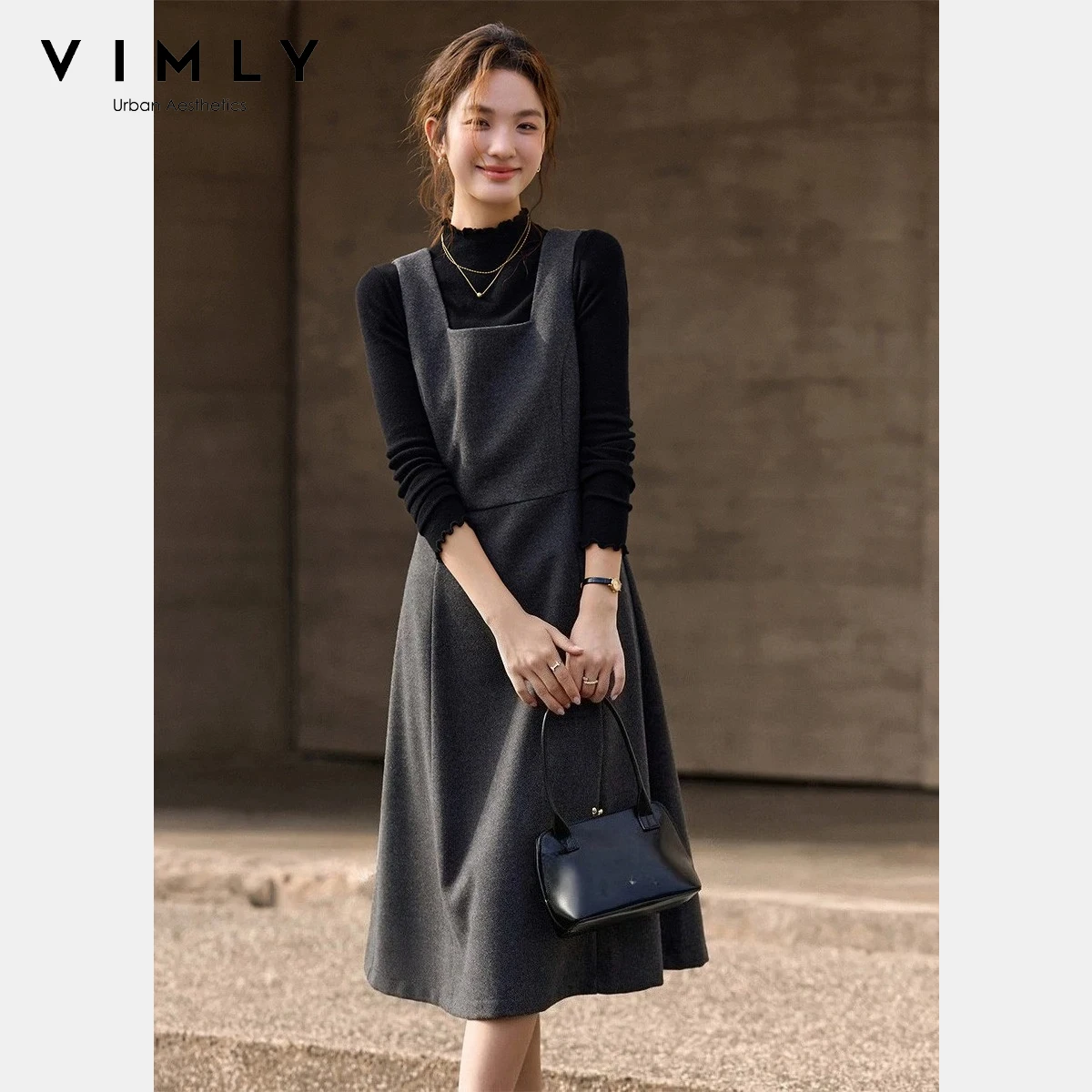 

VIMLY Elegant Women's Dress 2025 Winter French Solid Sleeveless Square Neck Long Dresses Slimming Fitting Woman Clothing A3151