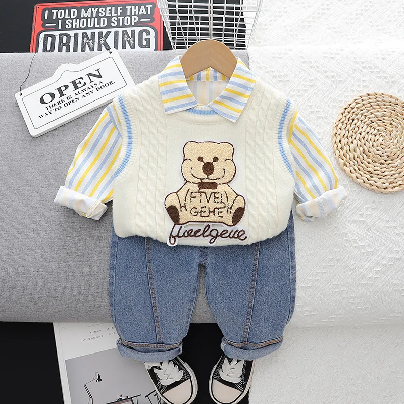 Baby Clothing Autumn and Winter New Children\'s Stripe Sports Set Boys\' Little Bear Sweater Simple Casual Three Piece Set