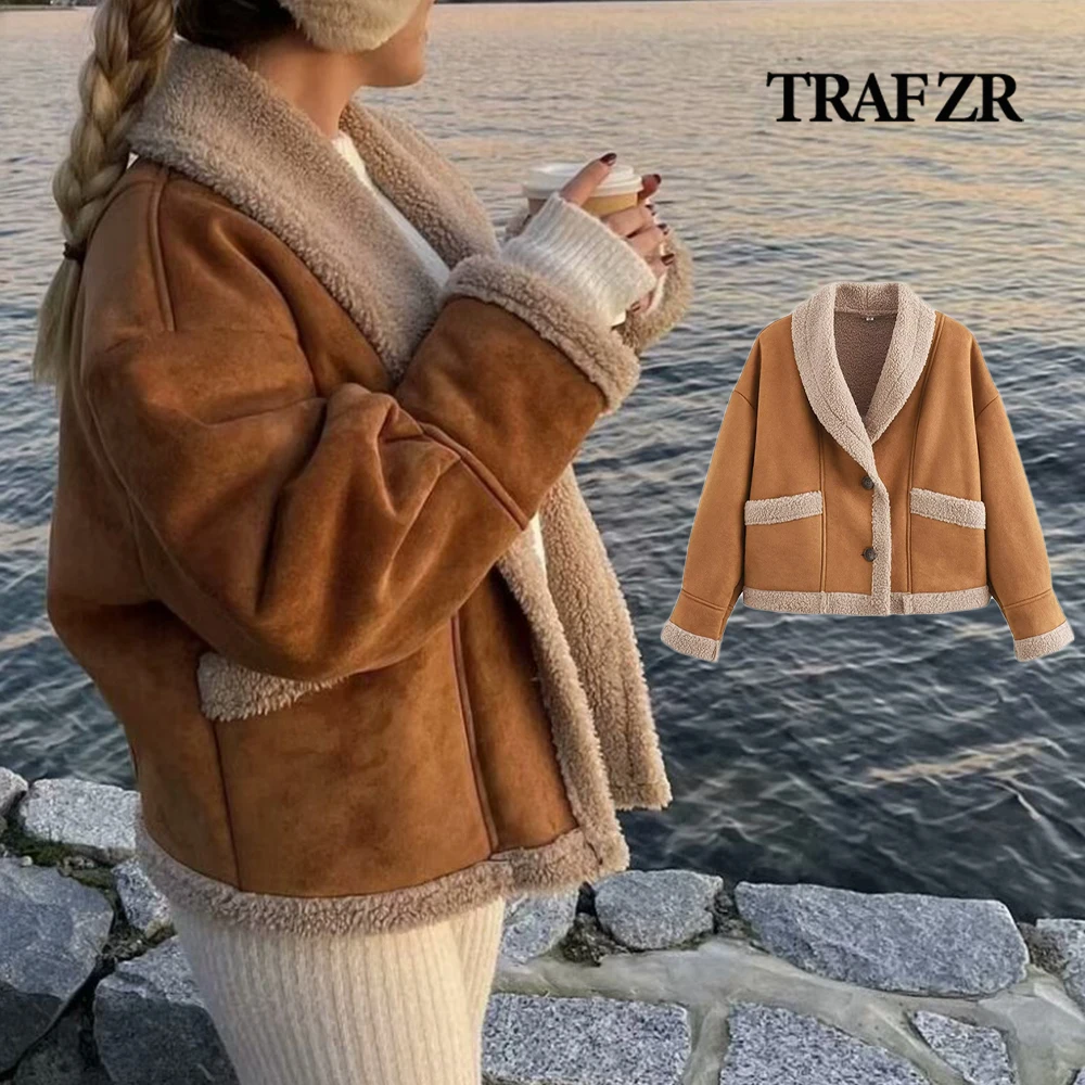 TRAF ZR 하이 스트리트 인조 양가죽 재킷, 긴 소매 플레어 커프, 인공 모피 코트, 옷깃 싱글 브레스트 겨울 아우터