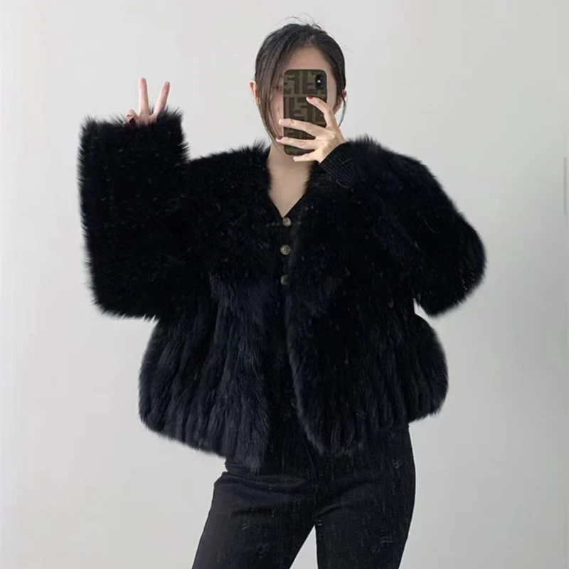 Women\'s Winter Fur Coat 2023 Socialite Style Navy Collar Encrypted Thickened Fox Fur Stripe Green Short Jackets Daunen Mäntel