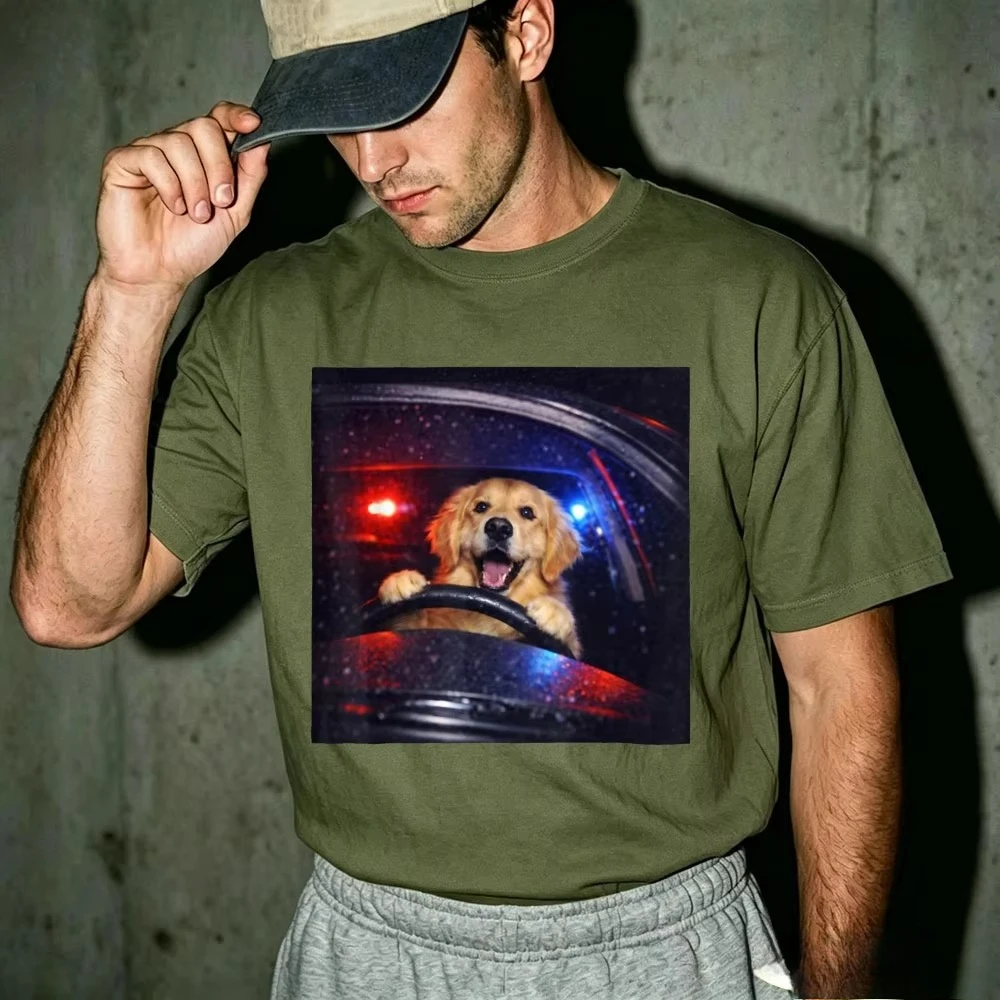 Driving Golden Retriever Graphic T Shirt Night Rain Car Police Light Dog Steering Wheel Realistic Photo Print Men Clothes