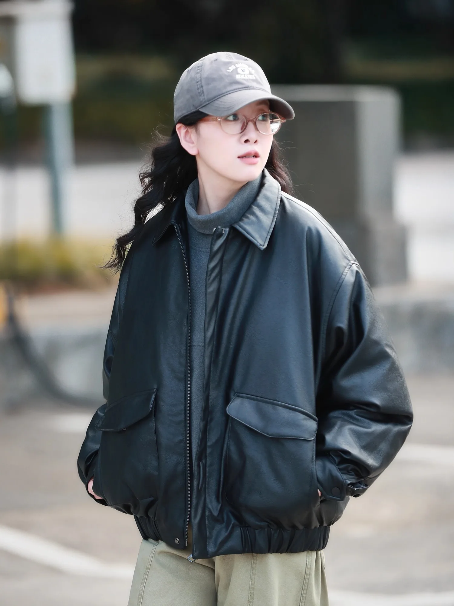 

Thiened Winter Jaet Women's Sli Windproof Warm Padded Coat PU Leather Biker Sle Casual Workwear for Couples