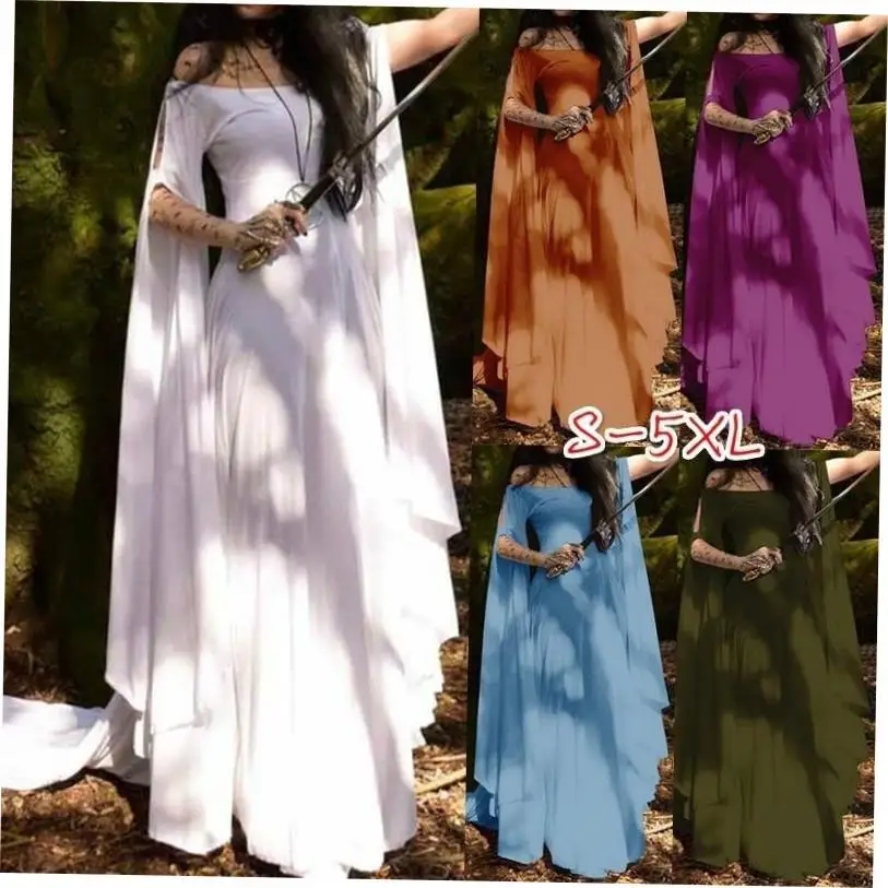 ชุดเดรสยาวทรงเอวสูงสไตล์วินเทจสำหรับผู้หญิง ผ้าโพลีเอสเตอร์ แขนยาว ทรงกลม แบบเรียบง่าย