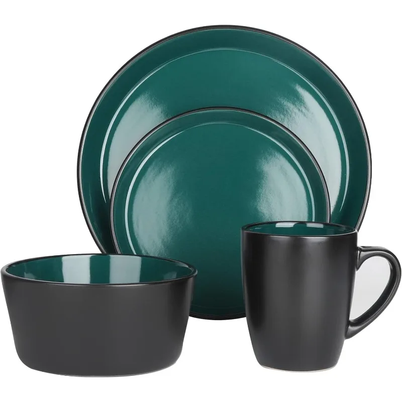 Plates and Bowls Sets, 16 Pieces Dinnerware Sets, Dishes Set for 4, Kitchen Set is Home Essentials, Dark Green & Black