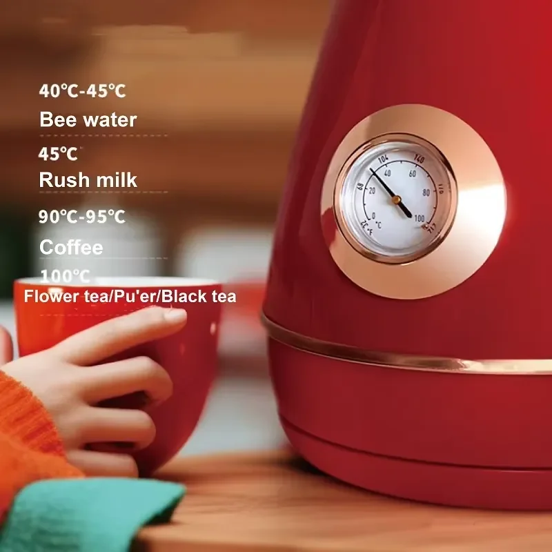 1.7L Retro Electrc Kettle Boiling Water With Thermometer Automatic Power Off 304 stainless Steel Teapot Kitchen Tools 1800W