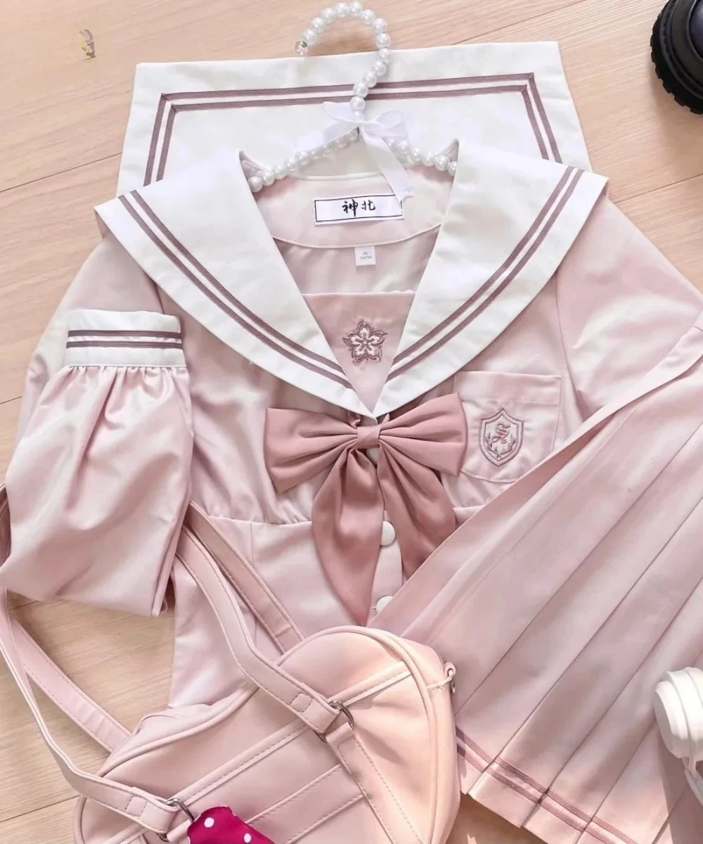 Japanese Preppy Uniform Women Two Piece Set Pink Sailor Collar Short Sleeve Top Pleated Skirt Kawaii Preppy Style Casual Outfits