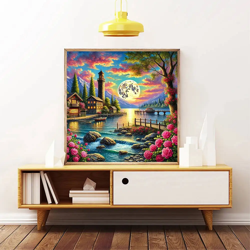 Huacan Diamond Painting New House Rose Flower Moon Landscape Full Round Square Diamond Mosaic Home Bedroom Wall Artwork view 6