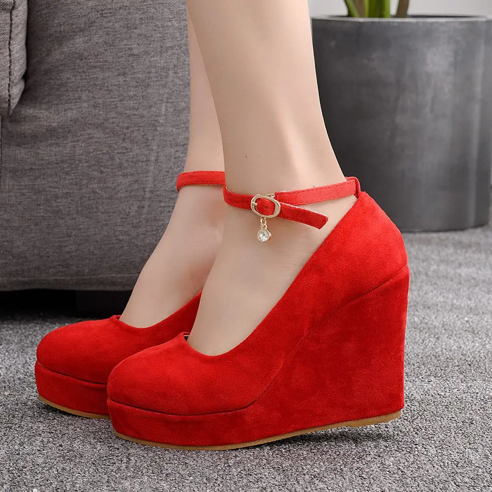 High Heels Platform Wedge Female Pumps Women's Flock Buckle Bowtie Ankle Strap Wedding Shoes Round Toe