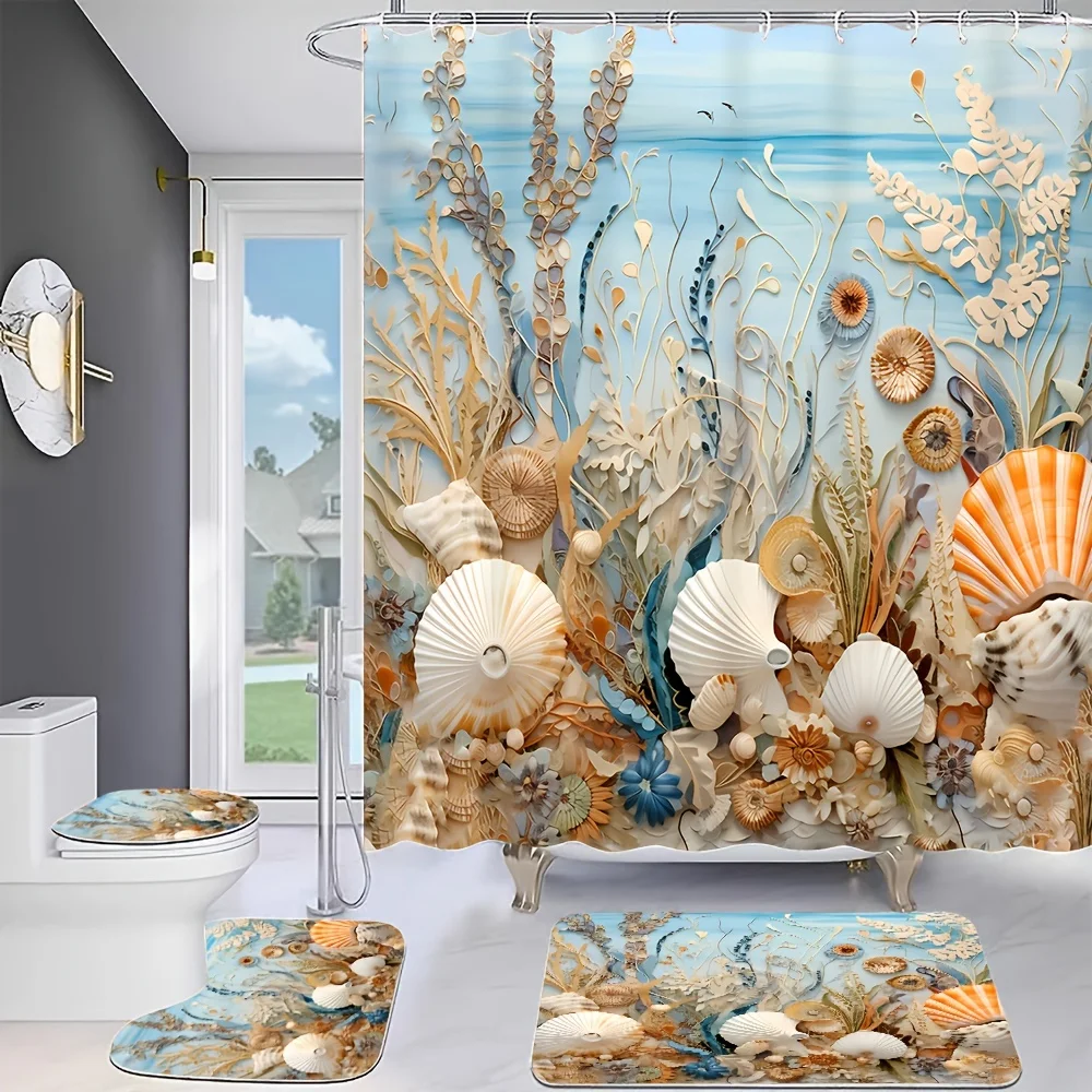 

Комплект занавесок для душа морского искусства с нескользящими ковриками, крышкой унитаза и ковриком для ванной — водостойкий полиэстер, декор для ванной комнаты с