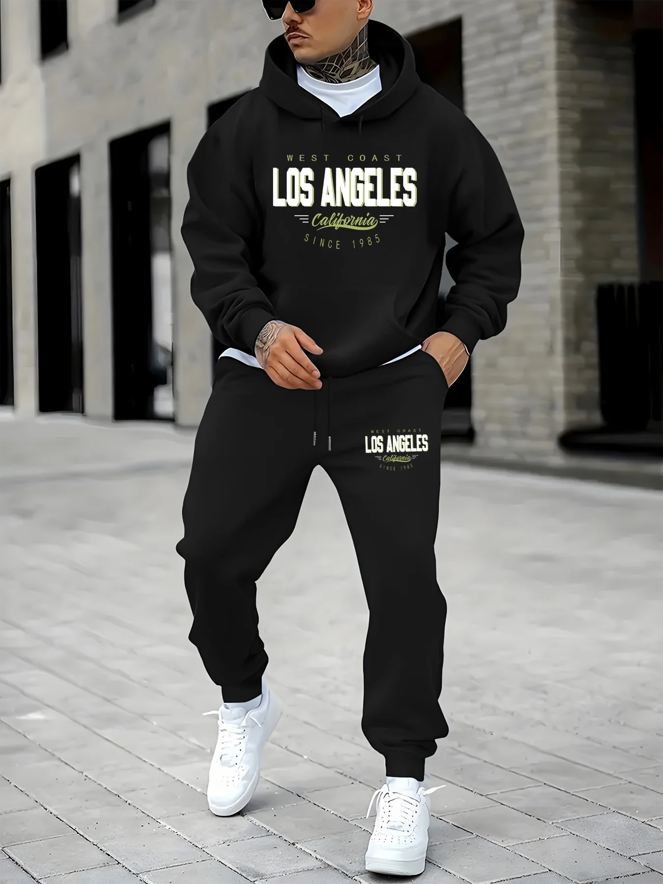Ensemble sweat à capuche et pantalon de survêtement pour hommes, décontracté, chaud, Los Angeles, californie, côte ouest, imprimé, ample et peluche, automne et hiver