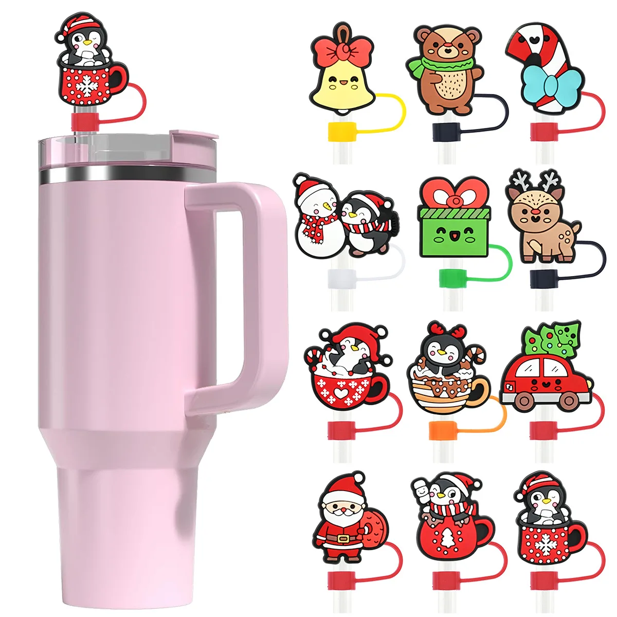 Xmas Straw Topper Santa Reindeer Snowman Christmas Straw Cap Holiday Drink Straw Cover Dustproof Cup Accessory Festive Straw
