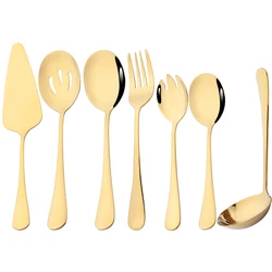 Drmfiy 7Pcs Gold Dinnerware Large Soup Spoon Salad Service Spoon Fork Cake Spatula Stainless Steel Cutlery Set Kitchen Tableware