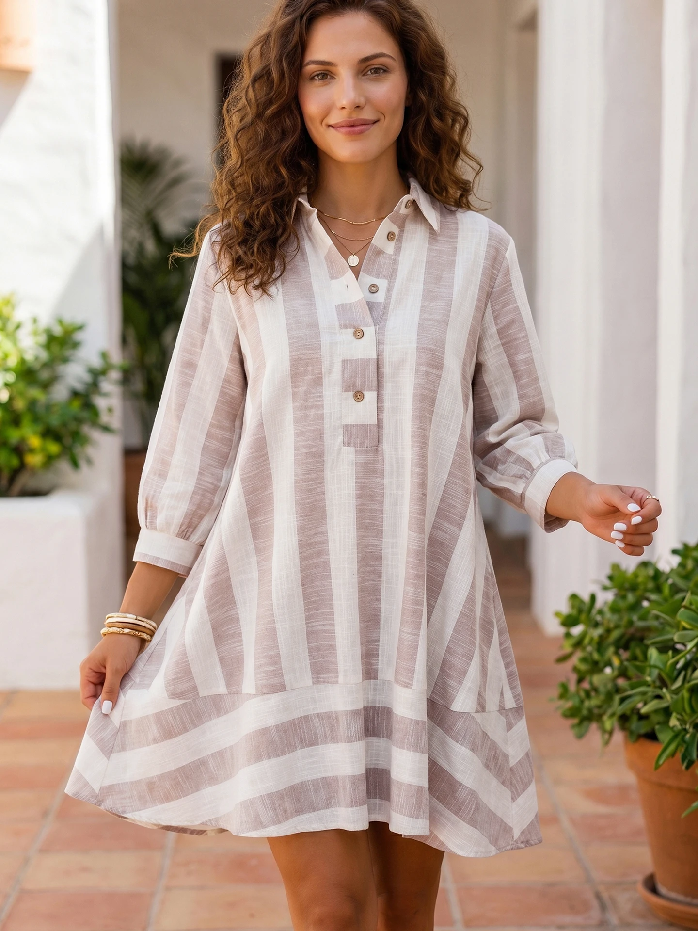 DearLover Casual Striped Color Block Long Sleeve Shirt Dress Spring Autumn New Style Half Open Front Seven Sleeve Knee Length