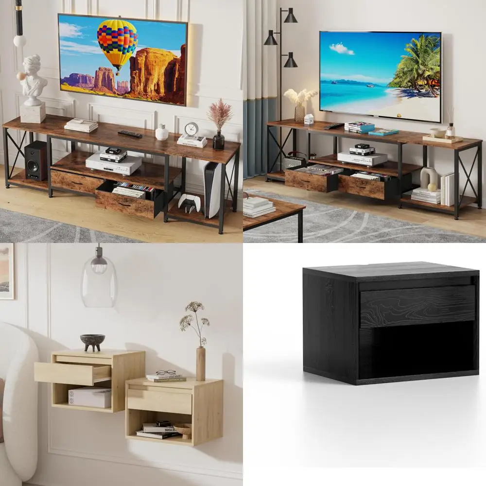 Industrial TV Console Table for 80-85 Inches TVs - Entertainment Center with Fabric Drawers and Open Storage