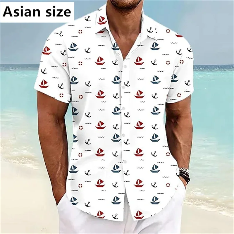 3D Print Boat Anchor Pattern Short Sleeve Shirts For Men Clothing Summer New Mens Beach Shirts Hawaiian Vacation Button Blouse