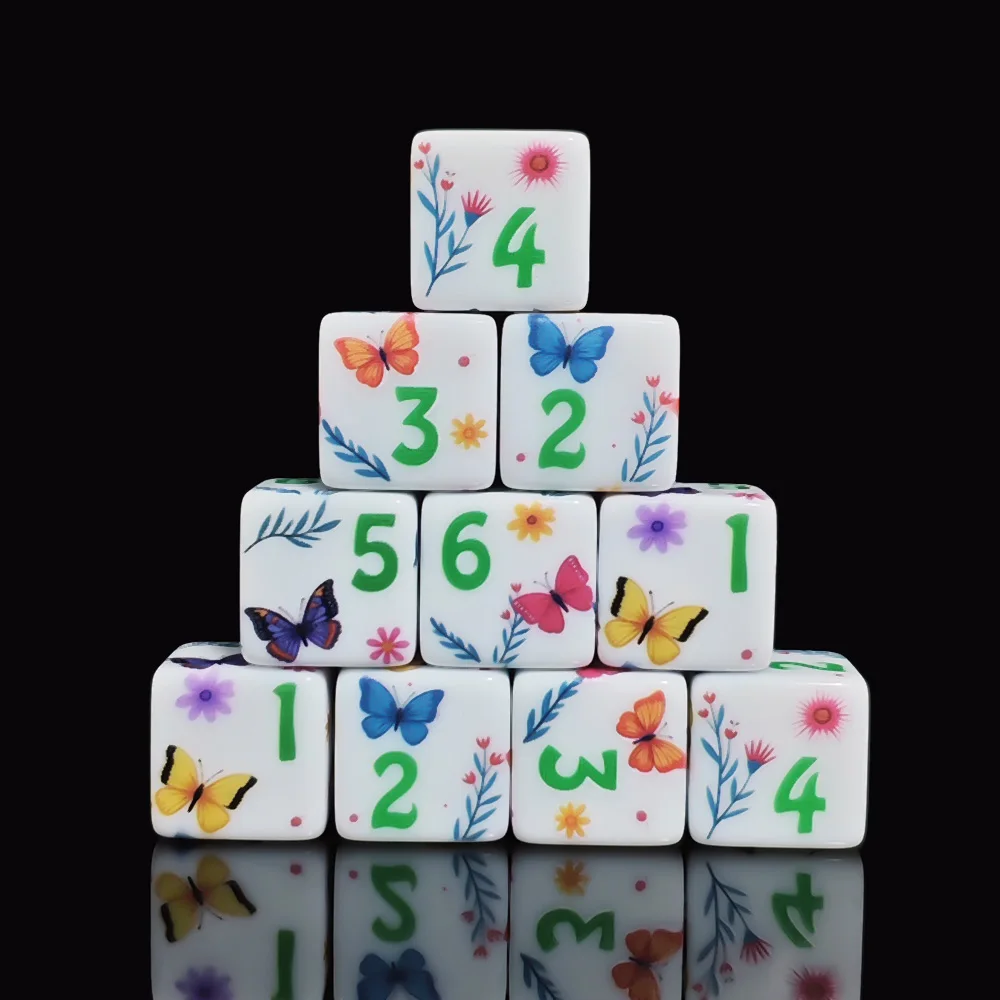 12 Pieces Set16MM Acrylic Butterfly Flower Dice, Creative Nature Floral Insect Pattern 6-Sided Dice for Table Games, Party Dice