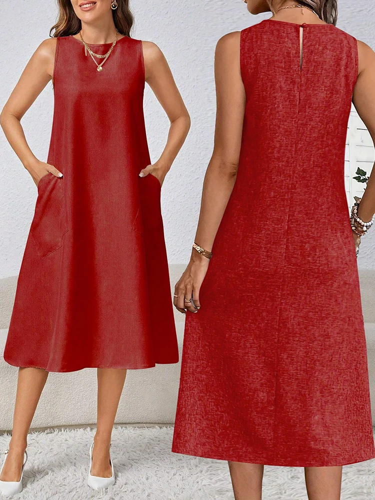 

Nice Arrival Women's Summer Dress Sleeveless A-line Midi Short Dresses Solid Loose Female Clothing Casual Dresses Woman