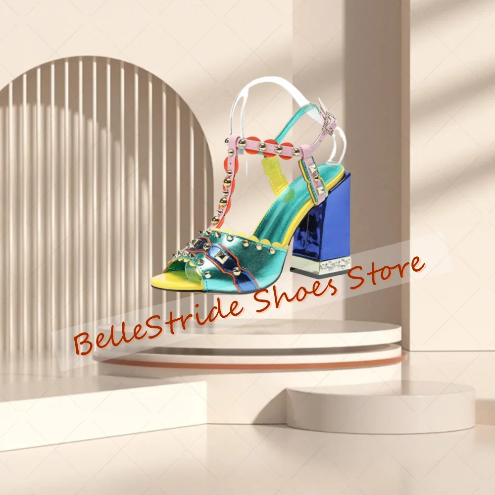 

Colorful Rivet Decor Buckle Strap Sandals Open Toe Women Shoes Chunky High Heels Party Banquet Dating 2025 Zapatos Para Mujere