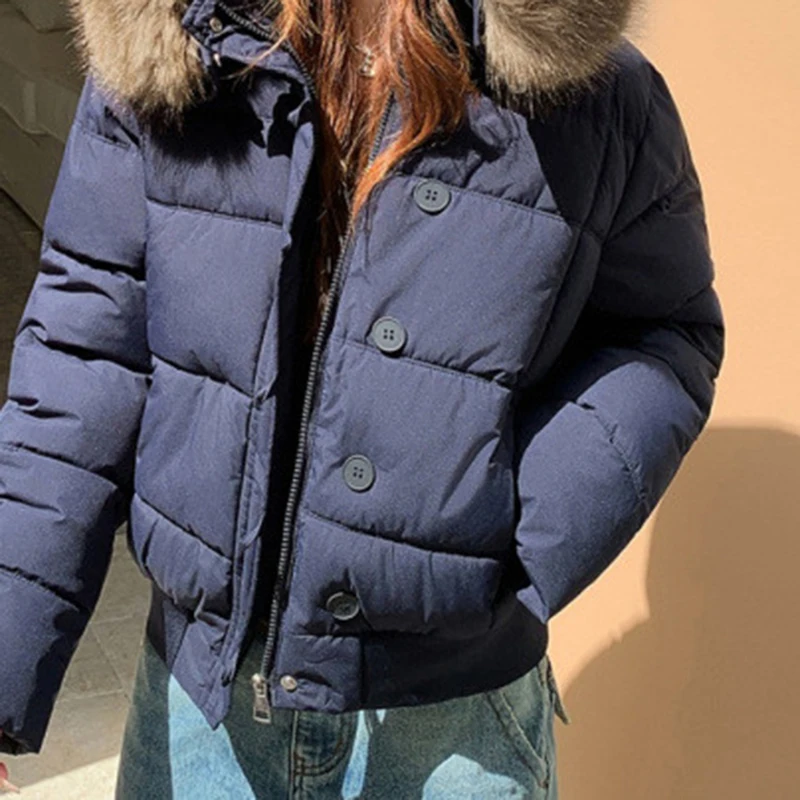 Women's Winter Warm Jacket Korean Thickened Big Fur Collar Hooded Outerwear Fashion Casual Detachable Short Cotton-Padded Coat