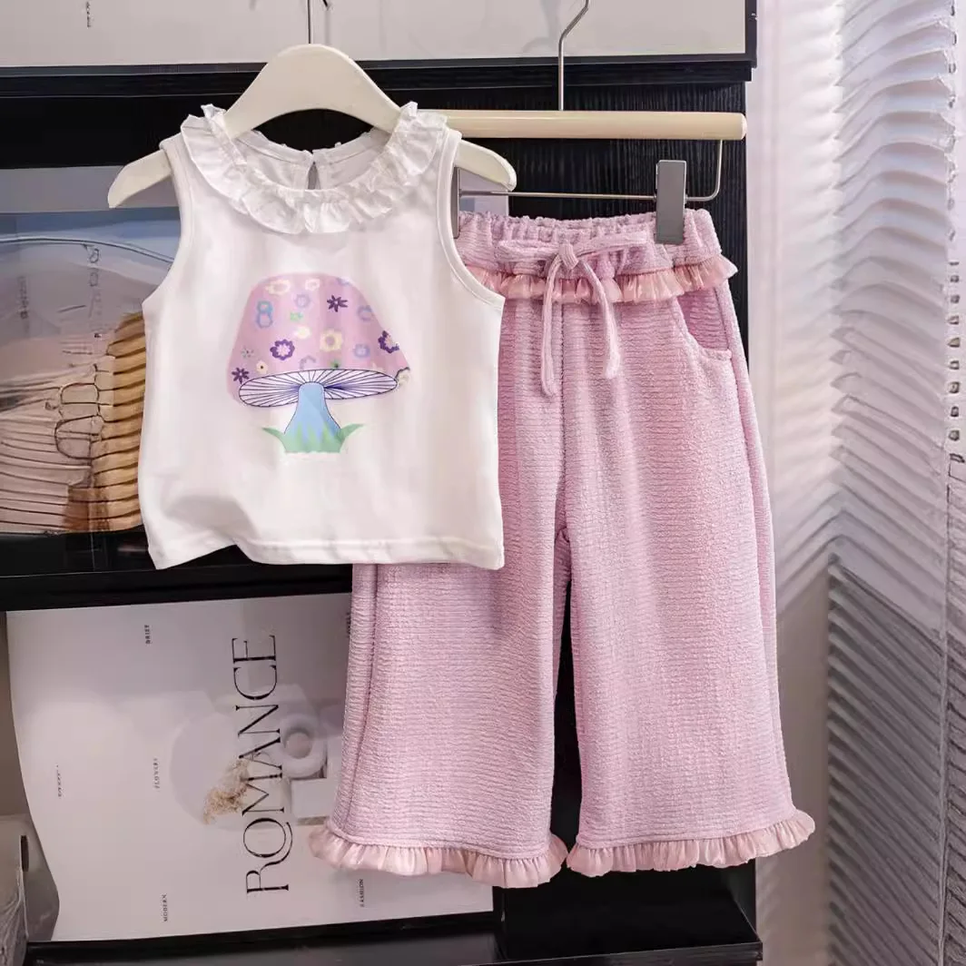 Girls Sweet Set 2024 New Summer O-neck Lace Mushroom Printed Sleeveless Top T-shirt Pink Loose Lace-up Wide Leg Pants