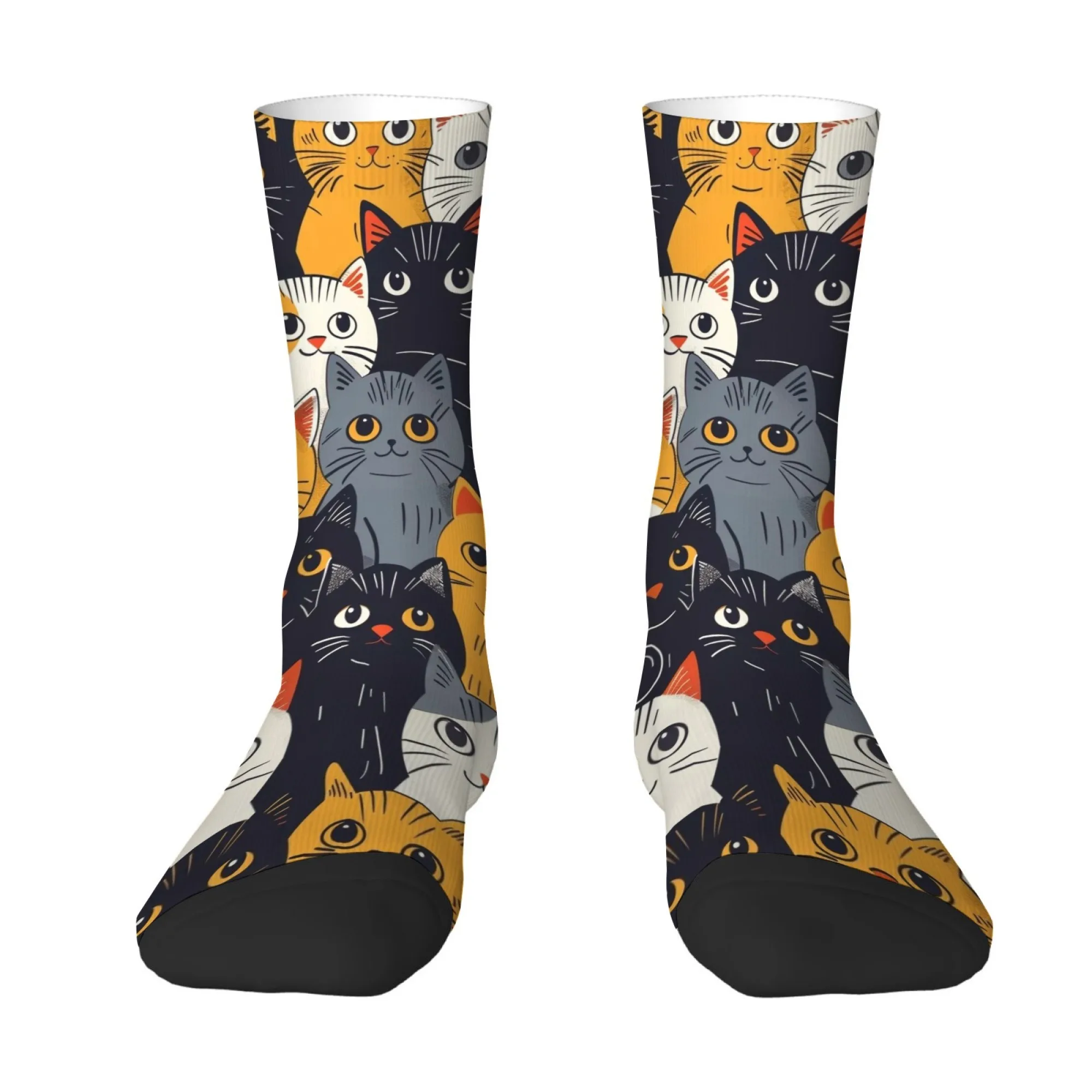 Adorable All-over Cat Print Men's Mid-calf Socks Black Unique and Warm Style Soft Comfortable Perfect Sock Gift for Cat Lovers