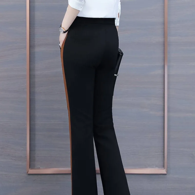 2024 Women\'s Autumn and Winter New Elastic High Waist Slim Fit Pocket Color Blocking Fashion Slimming Split Casual Flare Pants