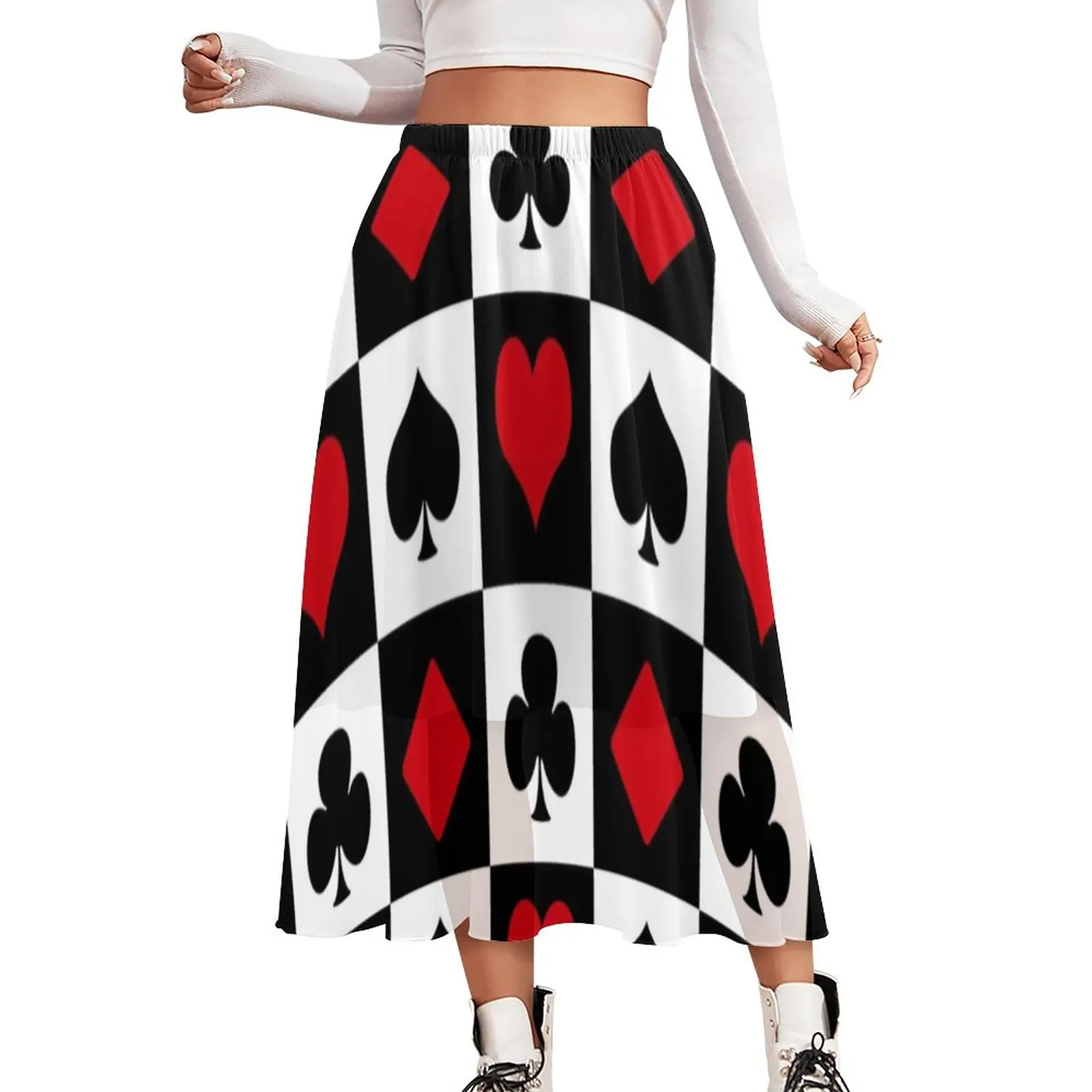 Plaid Poker Print Skirt Playing Card Beach Long Skirts Summer Korean Fashion High Waist Chiffon Pattern Big Size A-line Skirt