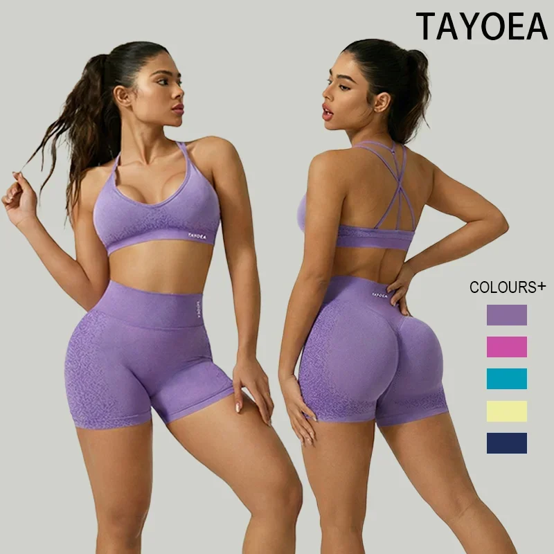 

Спортивный комплект для йоги Tayoea: бесшовные леггинсы с эффектом подтяжки ягодиц, высокоэластичный быстросохнущий топ с красивой спинкой, комплект из двух предметов, облегающая спортивная одежда для бега и тренировок, эффект персиковых ягодиц