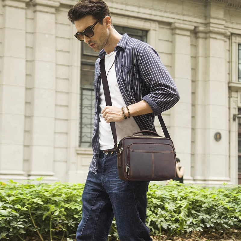 Bolsa mensageiro de couro cavalo louco para homens, bolsa crossbody vintage, bolsas masculinas, bolsas de ombro de grande capacidade