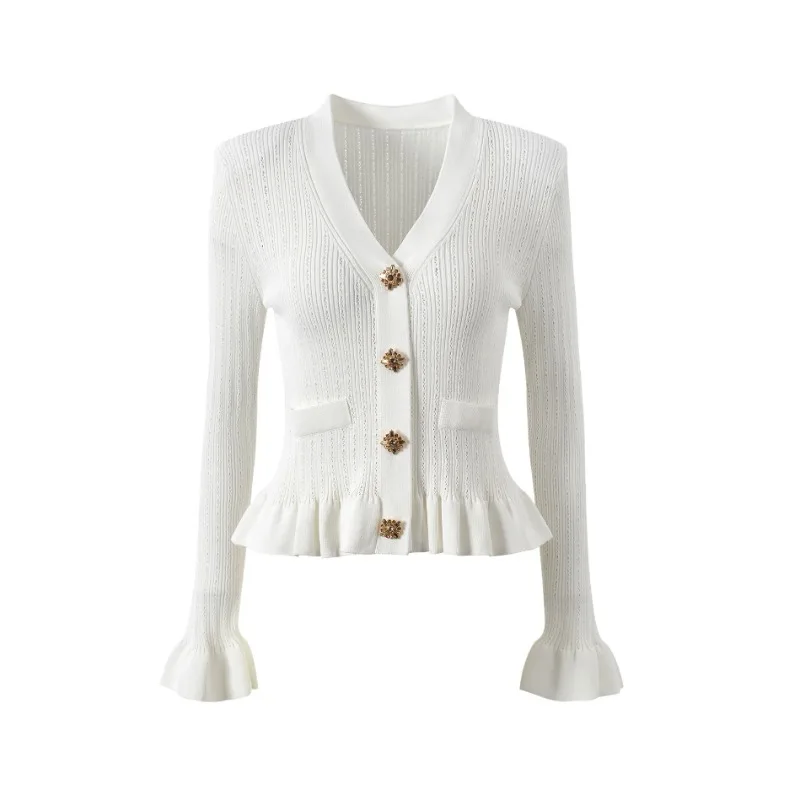 French V-neck Diamond Buckle Ruffle Edge Horn Sleeve Slim-fit Knitted Cardigan Short Jacket