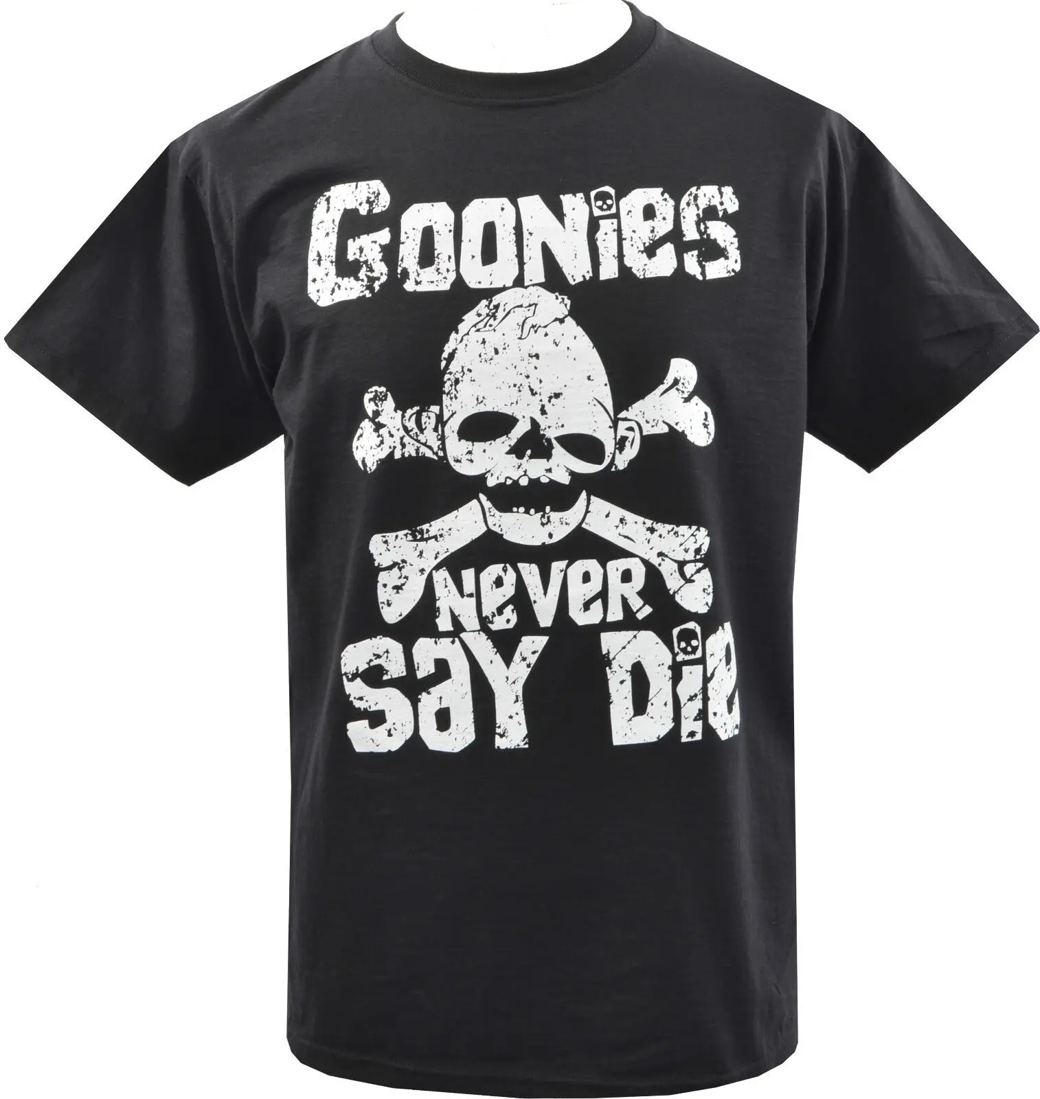 MENS BLACK T-SHIRT GOONIES NEVER SAY  80's AMERICAN ADVENTURE CULT FILM S-5XL