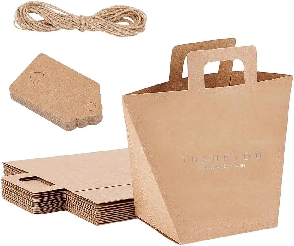 12Pcs Bags with Handles Foldable Kraft Paper Bags Wedding Favour Paper Bags with 49 Feet Jute Cords and 20pcs Paper Price Tags